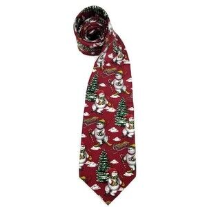 Men's Christmas Tie Snowman Skis 100% Silk Santa's Dream Red Holiday 55in Long